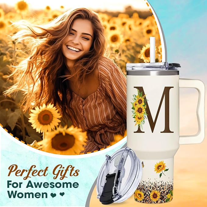 Personalized Birthday Gifts For Women - Sunflowers Monogrammed Cup For Boss Day, Christmas - Customized Gifts For Women, Mom, Wife, Coworkers, Boss Lady, Her - Custom Tumbler With Handle 40oz