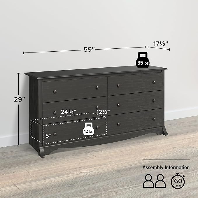 Prepac Sonoma 6-Drawer Double Dresser for Bedroom, Wide Chest of Drawers, Traditional Bedroom Furniture, 59" wide x 17.5" deep x 29" tall, Washed Black