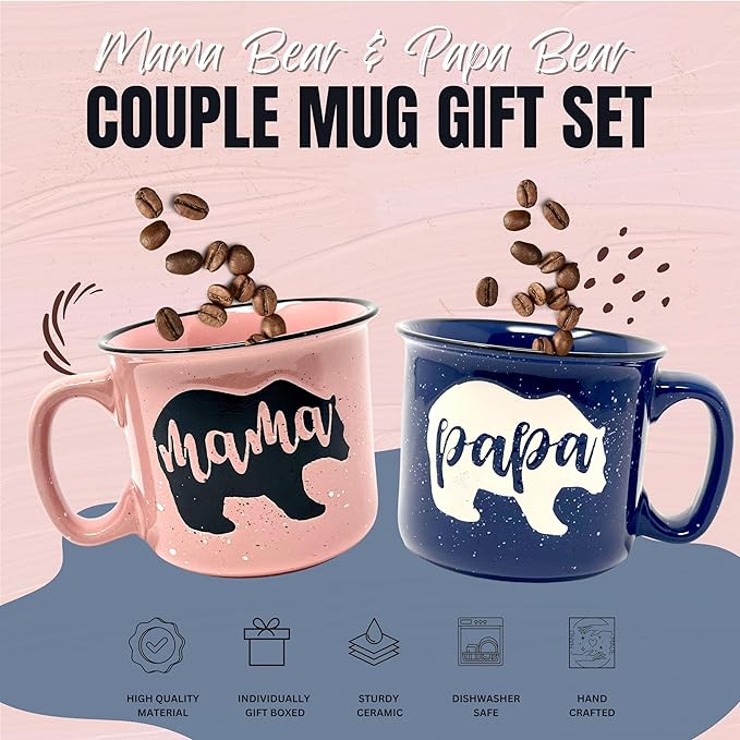 Mama Bear & Papa Bear Coffee Mug Gift Set - Cute, Large Coffee Cup Sets for Parents, Couples, Grandparents - Unique Fun Gifts for Him, Her, Birthday, Anniversary, Mother's Day, Father's Day, Christmas