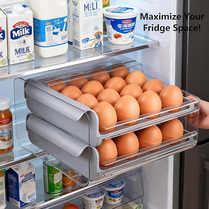 Egg Container Holders Dispenser for Refrigerator 32 Eggs, 2 Tier Clear Stackable Holder Tray with Drawer for Fridge, Egg Drawer for Refrigerator, Egg Tray Countertop (Grey)