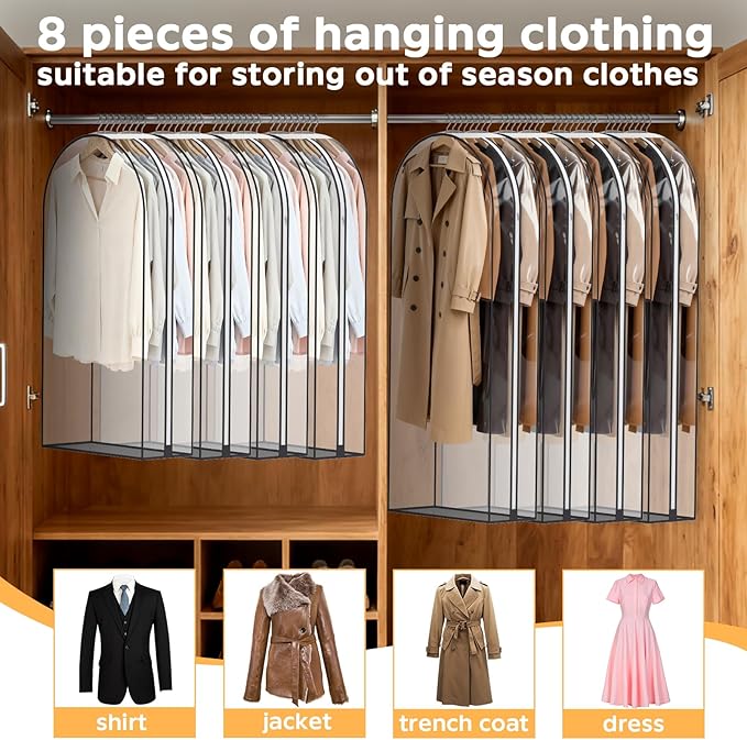 Garment Bags for Hanging Clothes, 8 Pack Clear Garment Bags Clothing Storage Bags with Zipper for Closet,Travel,Dust Proof Protection,for Dress Gowns,Coats, Suit, Down Jacket (40 & 60 inch)
