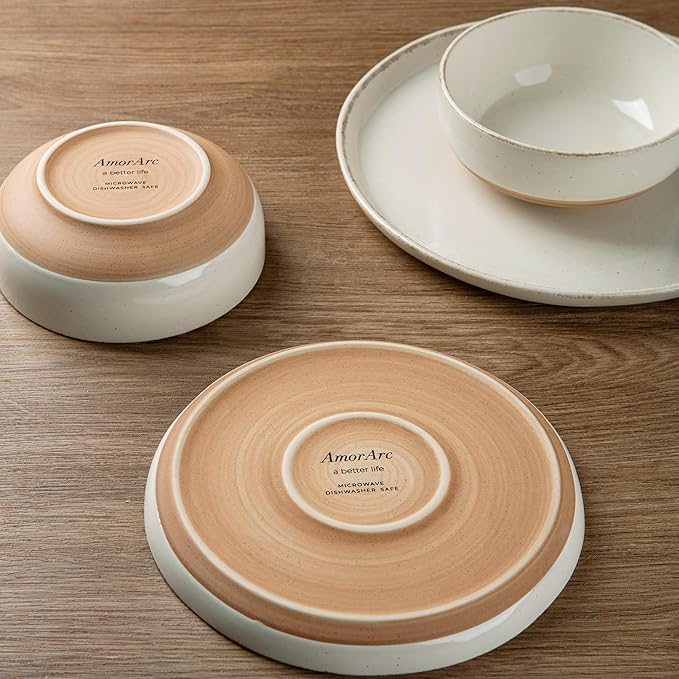 AmorArc 24 Pieces Ceramic Dinnerware Sets for 8, Handpainted Stoneware Plates and Bowls Set with Rustic Terracotta Underside, Scratch Resistant Dishes Set, Dishwasher & Microwave Safe