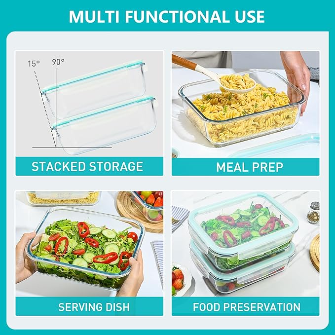 2 Pack 78 Oz / 9.8 Cups Large Glass Food Storage Containers with Lids, Meal Prep Containers for Baking, Serving, Glass Storage Container, BPA Free, Leakproof, Freezer, Microwave/Oven Safe