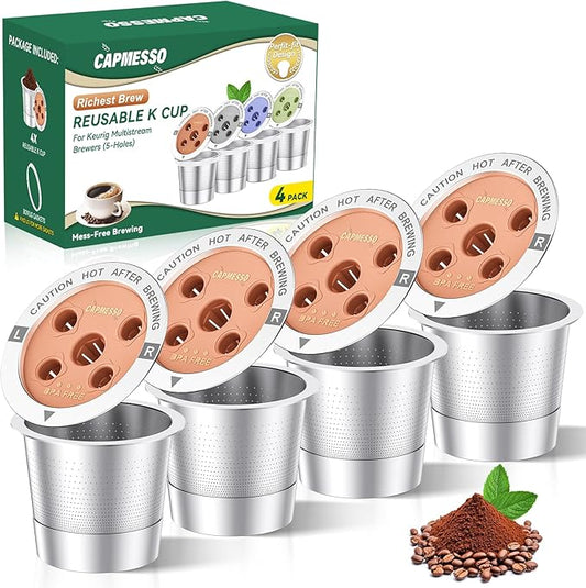 CAPMESSO Reusable K Cups for keurig: Stainless Steel 5-Hole Coffee Pods - Refillable Kcup Coffee Filters Compatible with Keurig K Supreme/K Slim/K-Duo Gen 2 with MultiStream Technology (4 Pack)