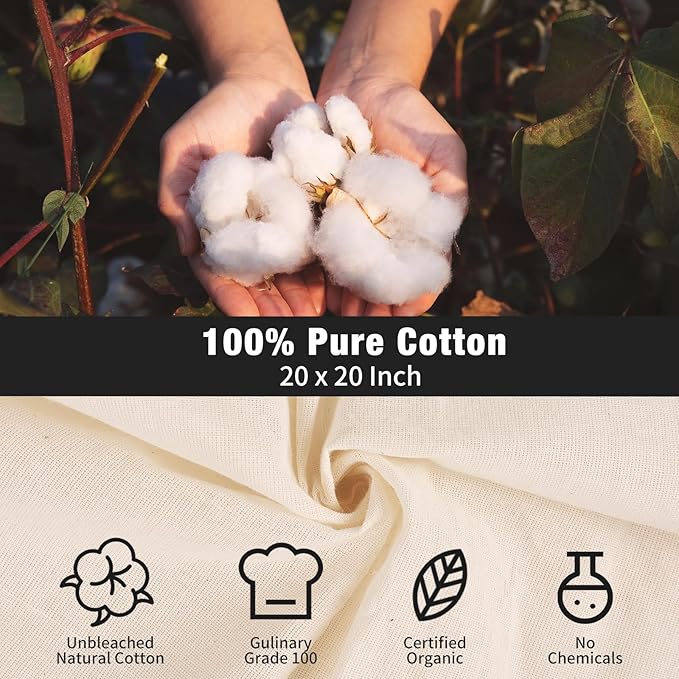 Cheese Cloths for Straining Reusable, 9Pcs Grade 100 Cheese Cloth 20 x 20 Inch, Ultra-fine Weaved Muslin Cloth with Hemmed Edges, Unbleached Cheesecloth for Straining, Juicing, Baking, Cheese Making