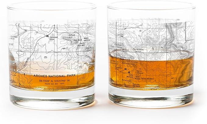 Black Lantern Whiskey Glasses - National Park Topographic Map Old Fashioned Glasses - 11oz. Rock Glass Set of 2 - Cocktail & Everyday Use Drinking Glasses - Dishwasher Safe (Arches)