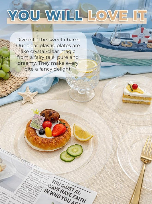 WDF 200PCS Clear Plastic Plates for Party - Heavy Duty Clear Disposable Plates - 100 x 10 Dinner Plate and 100 x 7 Dessert/Cake Plastic Plate for Weddings/Traval/Party/BBQ/Events