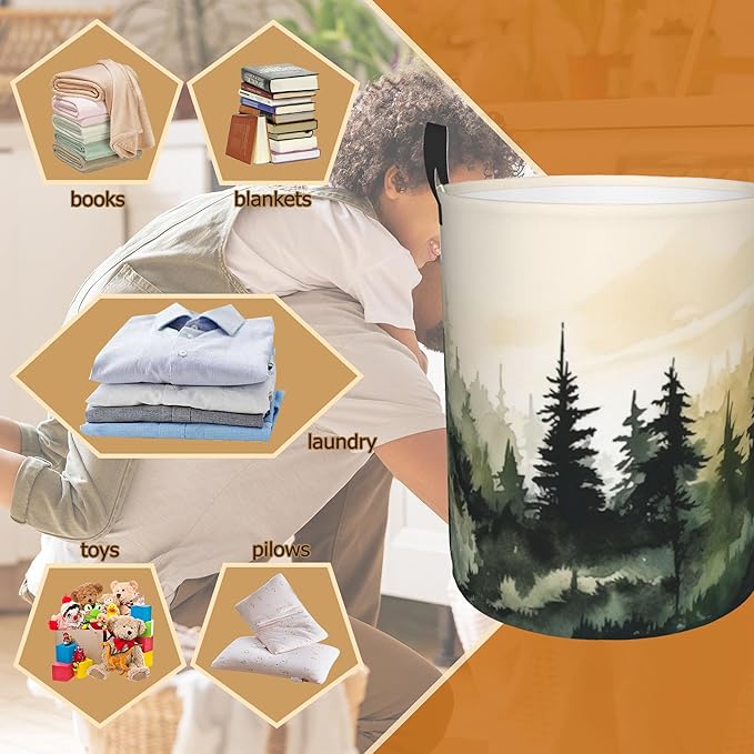 Mountain Forest Laundry Basket,Large Watercolor Landscape Laundry Hamper/Bathroom/Home Decor/Collapsible Round Storage Bin,Boys Girls Dirty Clothes Hamper/Boxes/Toys Storage 16x20 Inch