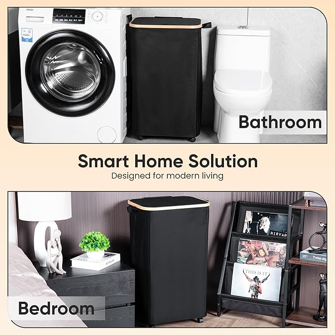 Laundry Hamper with Wheels and Lid | 26 Gal (100L) laundry hamper with lid bamboo| Large Dirty clothes hamper | Bedroom hamper | clothes hamper-black