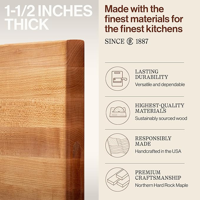John Boos R-Board Series Rectangular Wooden Maple Cutting Board 24”x18” – 1.5” Thick, 18-lb Reversible Butcher Block with Edge-Grain & Finger Grips – Made in the USA