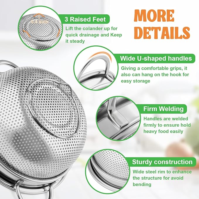 P&P CHEF Colander Strainer Stainless Steel 3 Quart, Metal Micro-Perforated Colander for Kitchen Food, Ideal for Rinsing Washing Draining, Dishwasher Safe, Shiny Silver, 1PC