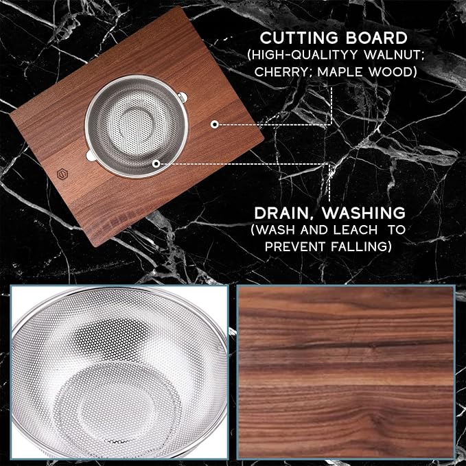 Strictly Sinks Wooden Cutting Board & Strainer Bowl Combo for Kitchen – Over the Sink Cutting Board with Colander, Light Weight & Scratch Resistant Combo ((17-3/8 x 13-3/4 x 7/8))