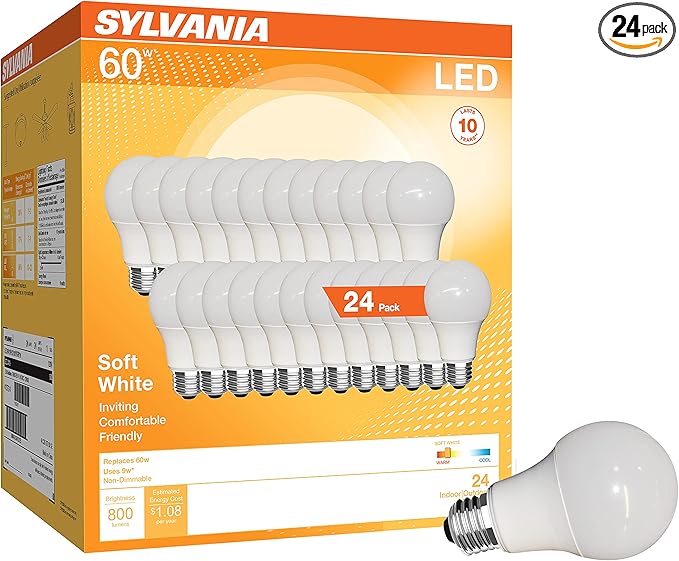 LEDVANCE Sylvania LED A19 Light Bulb, 60W Equivalent, Efficient 9W, CEC Compliant, 10 Year, Non-Dimmable, 2700K, 800 Lumens, 90 CRI, Soft White (41372) (Pack of 1, 24 Count Total)