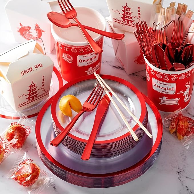 By Madee HEAVYWEIGHT 150 PC Christmas Plastic Plates and Cutlery | Clear and Red Christmas Dinnerware Set | Fancy Disposable Plates for Weddings, Birthdays & Holiday (25 Guests)
