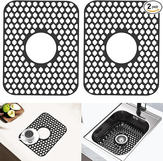 2 Pack Silicone Sink Protector for Kitchen Sink Bathroom, 13.58"x 11.6" Heat-resistant Sinks Mat, Non-Slip and Durable Sinks Protectors Silicone, Center Drain (Black)