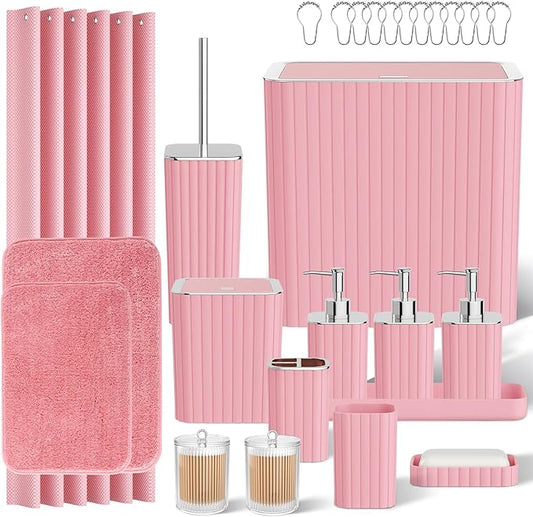Bathroom Accessory Set - Bathroom Set, 27PC Bathroom Accessories Set, Pink Bathroom Sets with Shower Curtain and Rugs, Mini Trash Can, Toilet Brush, Trash Can & Soap Dispenser