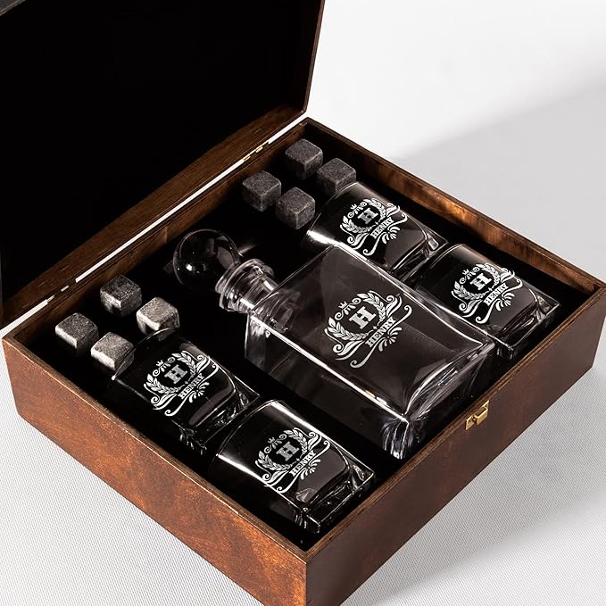 Personalized Whiskey Decanter Set with Custom Whiskey Glasses - Personalized Gifts for Men With Engraved Wooden Box and Whiskey Stones