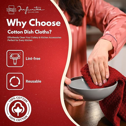 Infinitee Xclusives Premium Dish Cloth 100% Cotton 12 x 12 Inches |Pack of 4| - Ultra Soft Tea Towels - Highly Absorbent Kitchen Rags - Terry Dishcloth for Kitchen and Household Cleaning |Red|