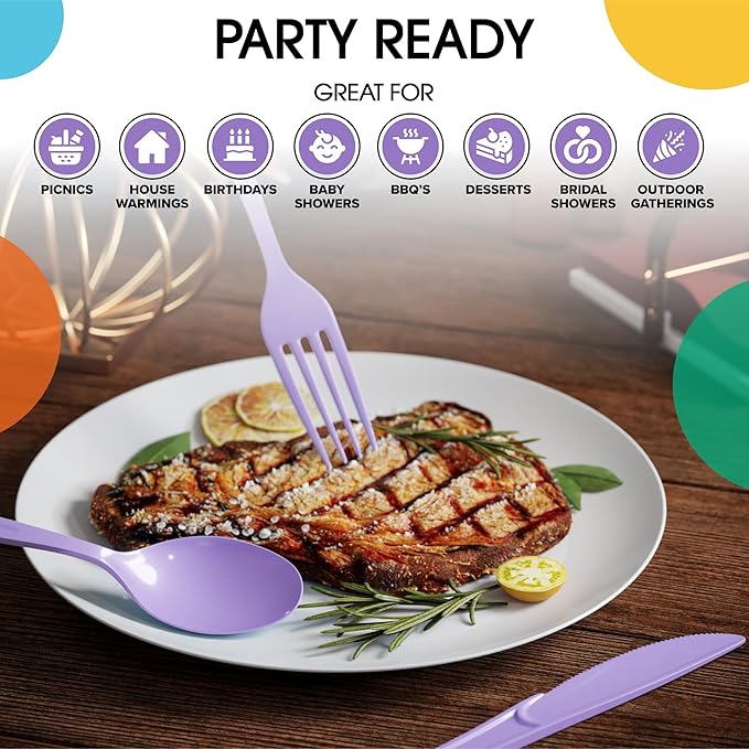 Party Solids Lavender Plastic Silverware Heavy Duty 150 Pieces Lavender Disposable Silverware Heavy Duty, Utensil Sets, 50 Of Each Forks, Knives & Spoons Disposable Cutlery Set For Party Supplies