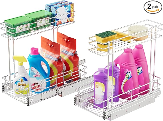 Under Sink Organizer 9" W X17 D, Pull Out Cabinet Organizer 2 Tier, Under Sink Slide Out Chrome Plated, Under Kitchen Bathroom Sink Organizer, Pantry Cabinet Closet Organization Rack, 2 Pack