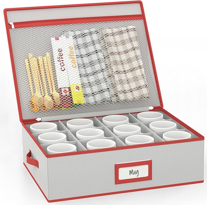 homyfort Coffee Mug Storage Box, China Cup Storage Organizer Containers Hard Shell Stackable with Dividers Holds 12 Coffee Mugs and Tea Cups