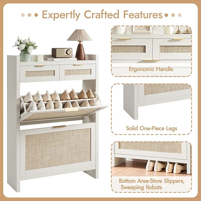 Rattan Shoe Storage Cabinet with 2 Drawers & 2 Flip Drawers – Hidden Slim Shoe Organizer for Entryway, Large Tabletop Space, Farmhouse Boho Narrow Shoe Rack, Rustic White