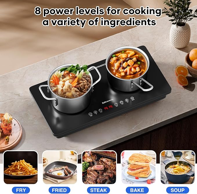 1800W Portable 2 Burner Countertop Electric Stove with Touch Control, Cross-Line Panel Design, 8 Power Levels, Timer, Safety Lock, Compatible with Magnetic Cookware