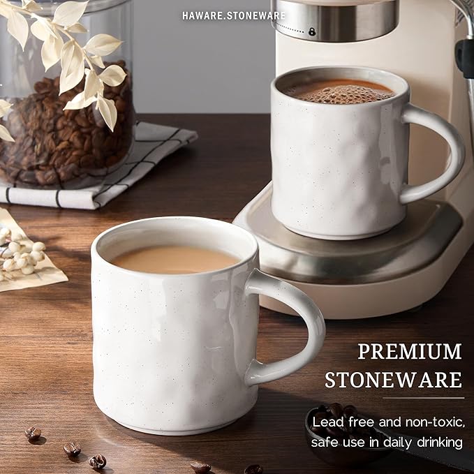 HaWare 14OZ Coffee Mugs Set of 4, Stoneware Coffee Cups with Handle, Latte Mug for Man, Woman, Dad, Mom, Modern Tea Mugs for Latte/Cappuccino/Cocoa/Milk, Dishwasher& Microwave Safe, Speckled White