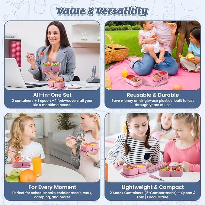 Silicone Snack Containers for Kids (8.5Oz, 2-Compartment)+ Kids Silicone Cutlery Set (Spoon and Fork) - BPA Free, Leak Proof, Great for Toddler/Kid/Adult Meal Prep Containers (pink)