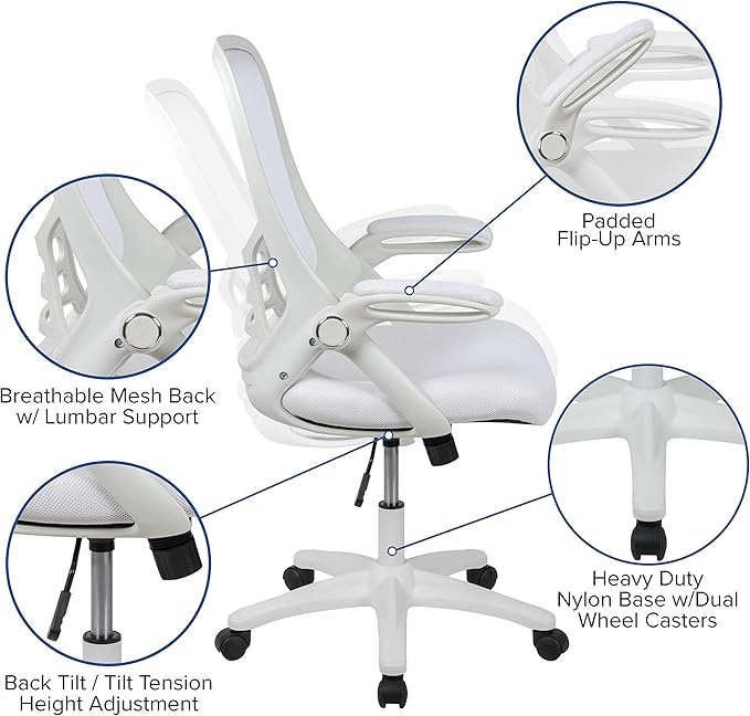 Flash Furniture Porter High-Back Swivel Office Chair with Adjustable Lumbar Support and Height, Ergonomic Mesh Desk Chair with Flip-Up Armrests, White