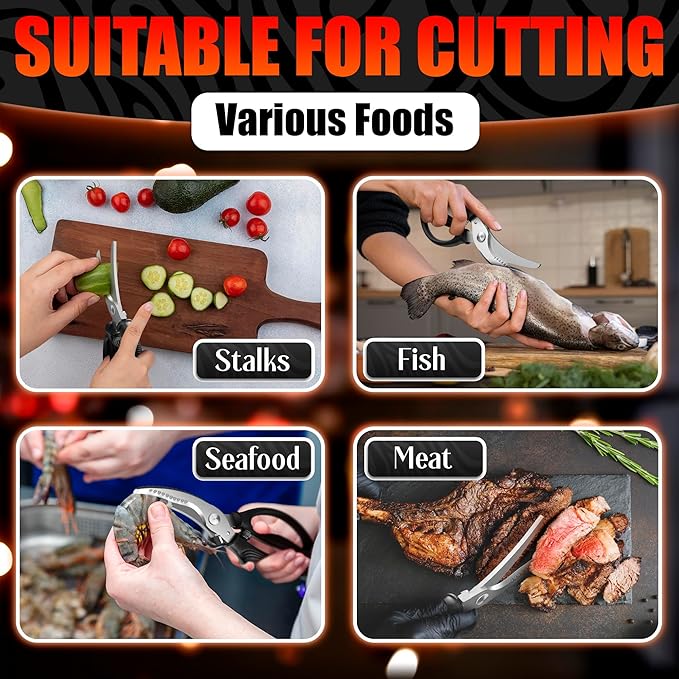 Turkey Shears - Chicken Shears – Stainless Steel Heavy Duty Poultry Scissors | Meat, Vegetables, Seafood | Fish Scale Remover & Bone Scissors | Non-Slip Serrated Saw-Like Edge, Safety Lock