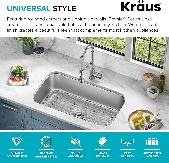 KRAUS Premier 32-inch Undermount Single Bowl 18-Gauge Stainless Steel Kitchen Sink with Bottom Grid and Strainer, KBU44