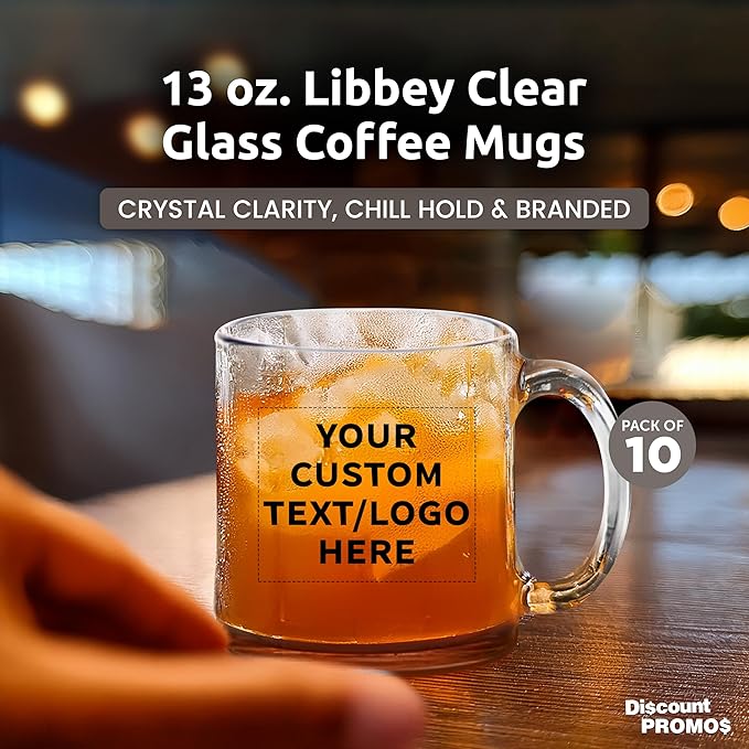 Custom Libbey Clear Glass Coffee Mugs 13 oz. Set of 10, Personalized Bulk Pack - Perfect for Coffee, Tea, Espresso, Hot Cocoa, Other Beverages - Black Bottom