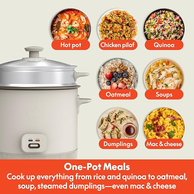 bella 16 Cup Rice Cooker with Steamer, Dishwasher Safe Steaming Basket, Rice Paddle and Measuring Cup, Removable Nonstick Cooking Bowl, Automatic Keep Warm Function, 400 Watt, Oatmilk
