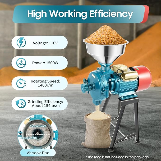 Electric Grain Mill Grinder, 2200W 110V Dry Corn Mill Grinders, Commercial Corn Grinding Machine w/Funnel & Adjustable Thickness, Rice Cereals Corn Feed Flour Coffee Wheat Mill