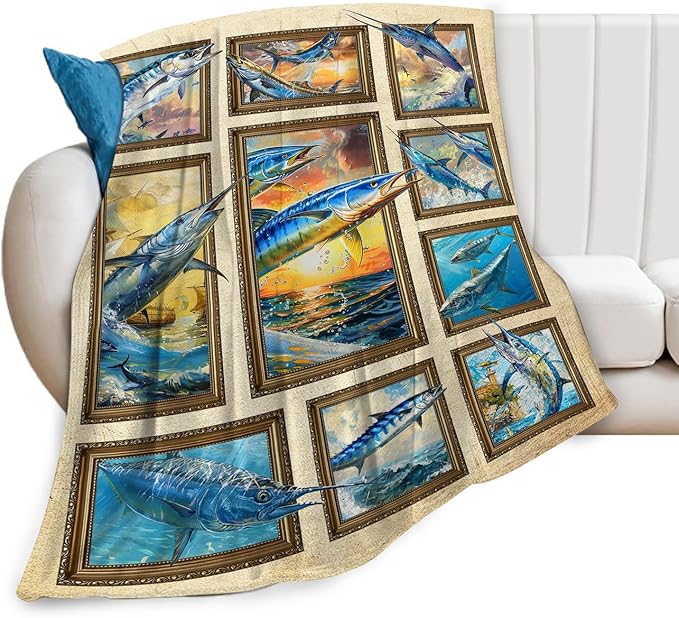Fishing Blanket Fish Throw Blanket Cozy Plush Fleece Flannel Fishing Lover Gifts Blankets for Girls Boys Women Men 80"X60"