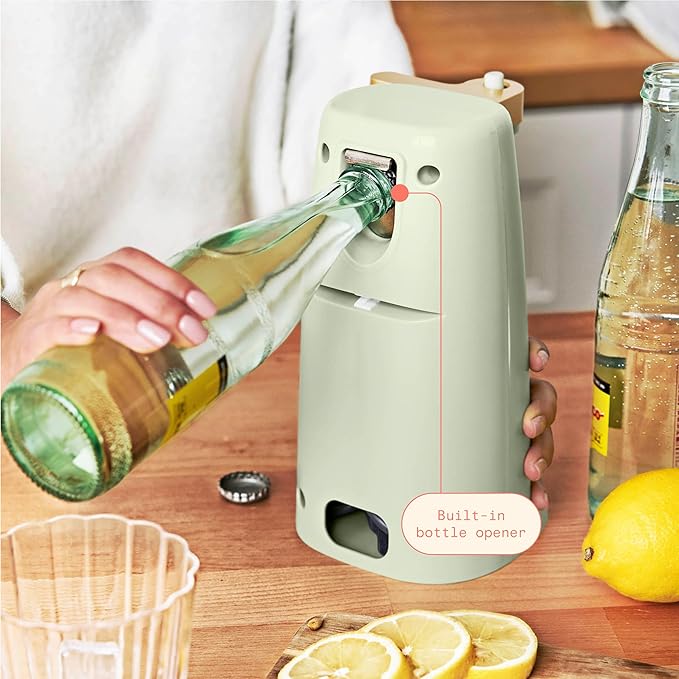 Beautiful Easy-Prep Electric Can Opener, Stainless Steel Blade, Built-in Knife Sharpener, Auto-Stop Safety, Cord Storage by Drew Barrymore (Sage green)