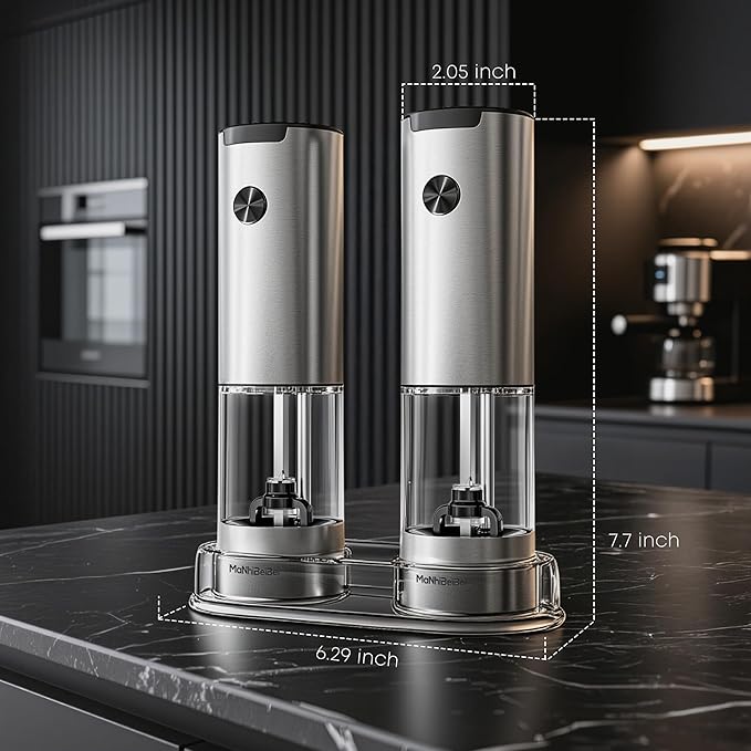 Electric Salt and Pepper Grinder Set One-hand Operated, Adjustable Coarseness, Stainless Steel body Ceramic Burrs,Pepper Shakers Mills with LED Light,House Warming Cooking Gift (2)