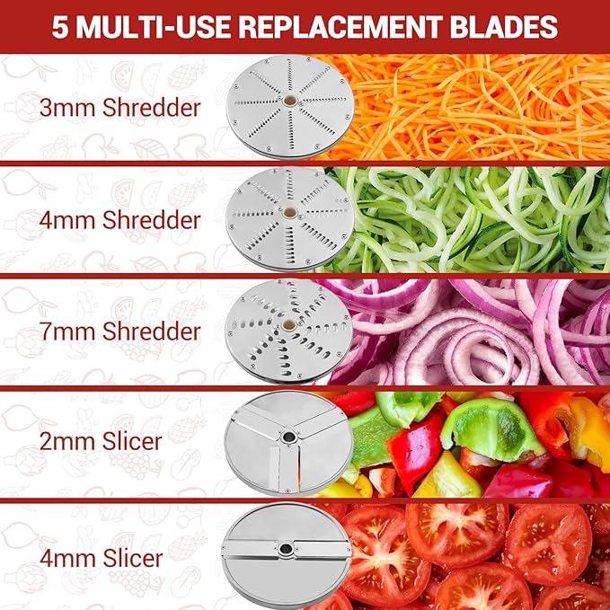 Commercial Food Processor 550W with 2 Feeding Holes, Stainless Steel Electric Vegetable Processor Detachable 5 Blades 3mm/4mm/7mm Shred and 2mm/4mm Slice