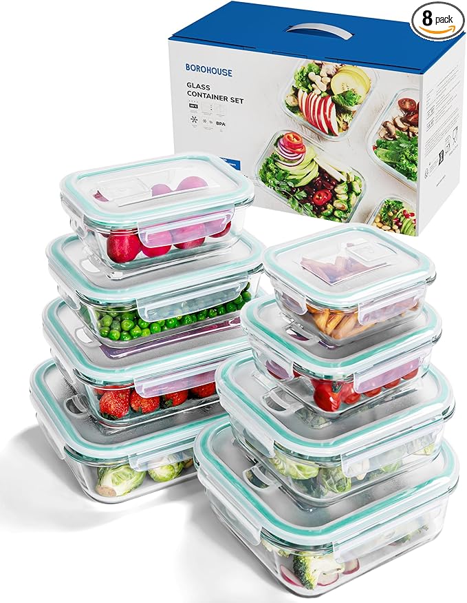 8-Piece Borosilicate Glass Food Storage Containers Set with Airtight Lids – Oven, Microwave & Freezer Safe, Leak-Proof, BPA-Free – Baking, Meal Prep & Gift Box