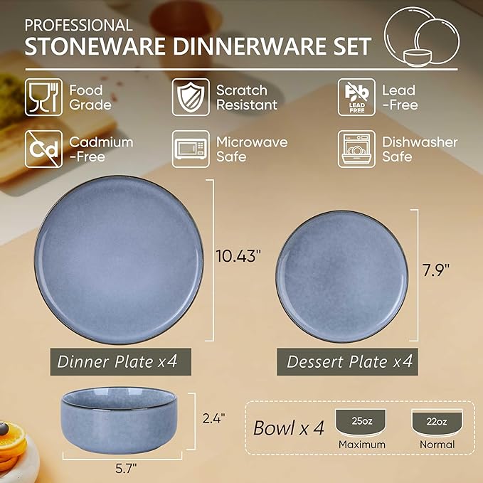 Herogo Stoneware Plates and Bowls Sets for 4, 12 Pieces Modern Dinnerware, Reactive Glaze Dishes Set for Kitchen, Chip Resistant, Microwave & Dishwasher Safe, Starry Blue & Haze Blue