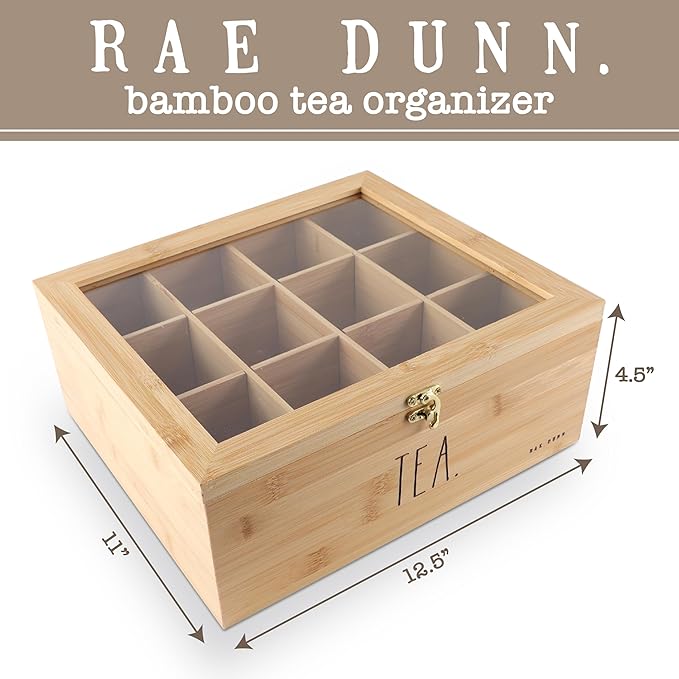 Rae Dunn Tea Bag Organizer - Tea Box Divided Storage Container Box with Hinge Lid for Kitchen Cabinet, Countertop, Pantry, Hold Coffee Pods, Seasoning Packets, Condiments, Bamboo