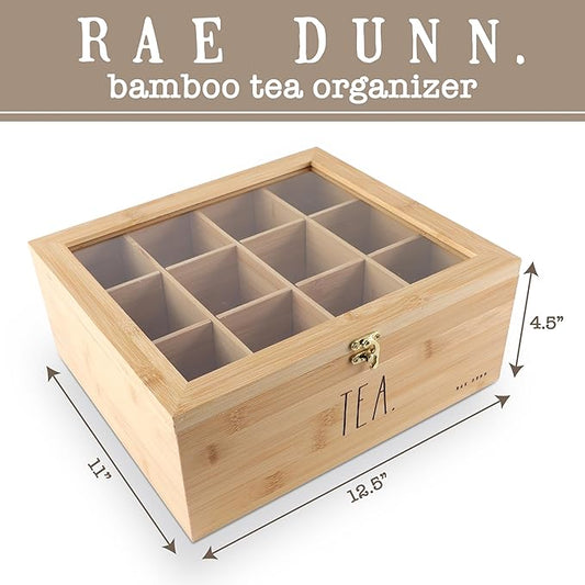 Rae Dunn Tea Bag Organizer - Tea Box Divided Storage Container Box with Hinge Lid for Kitchen Cabinet, Countertop, Pantry, Hold Coffee Pods, Seasoning Packets, Condiments, Bamboo