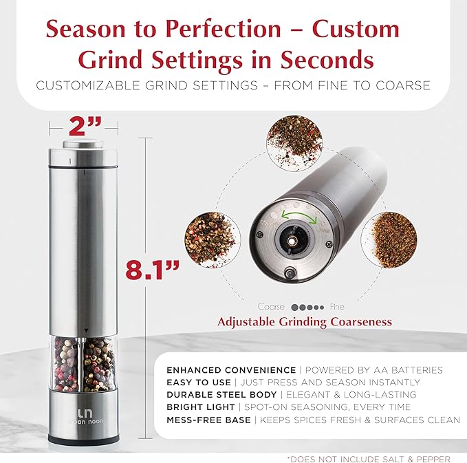 Electric Salt and Pepper Grinder - Battery Operated Stainless Steel Pepper Mill with Light - Automatic One Handed Operation - Electronic Adjustable Shaker - Ceramic Grinder