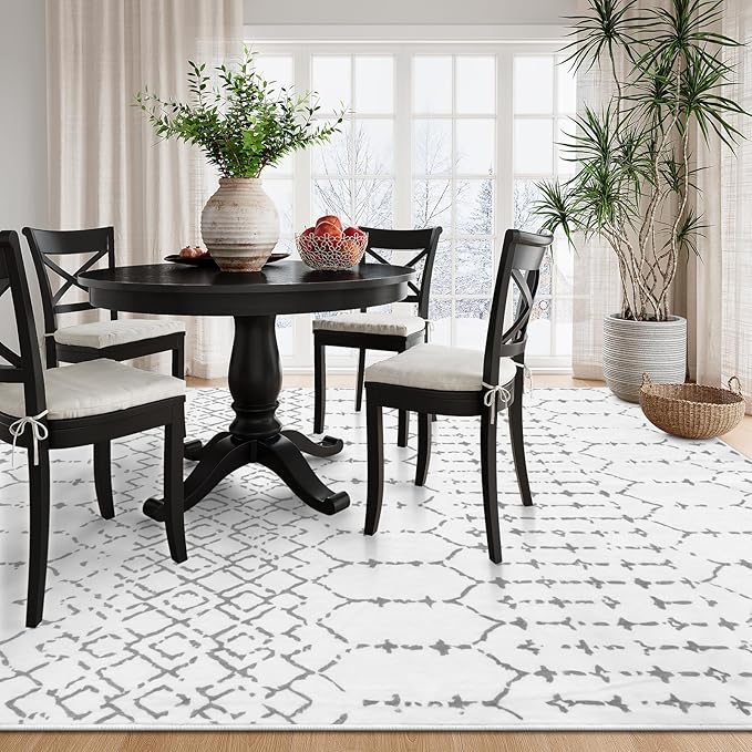 Lahome Moroccan Machine Washable Rugs - 6x9 Rug for Living Room Non-Slip Large Area Rug Lightweight Throw Non-Shed Dining Room Rug, Geometric Print White Soft Floor Carpet for Bedroom Classroom Office