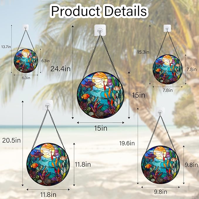 Stained Glass Window Hanging - Blue Ocean World Small Fish Coral Sun Catcher for Door Garden Home Decor Sea Suncatcher Christmas Mother's Day Birthday Gifts for Women Men Mom Nana 15 in