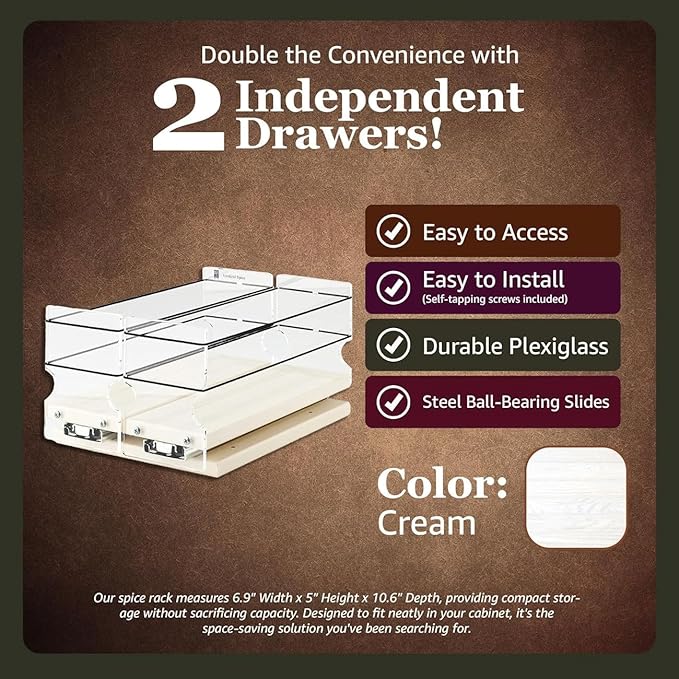 Vertical Spice - Narrow Pullout Spice Rack - Sliding Drawer for Kitchen Organization - Pantry Organizers and Storage - 2 Drawers - 10 Spice Jar Capacity (4.6" W x 5.0" H x 10.6" D, Cream)