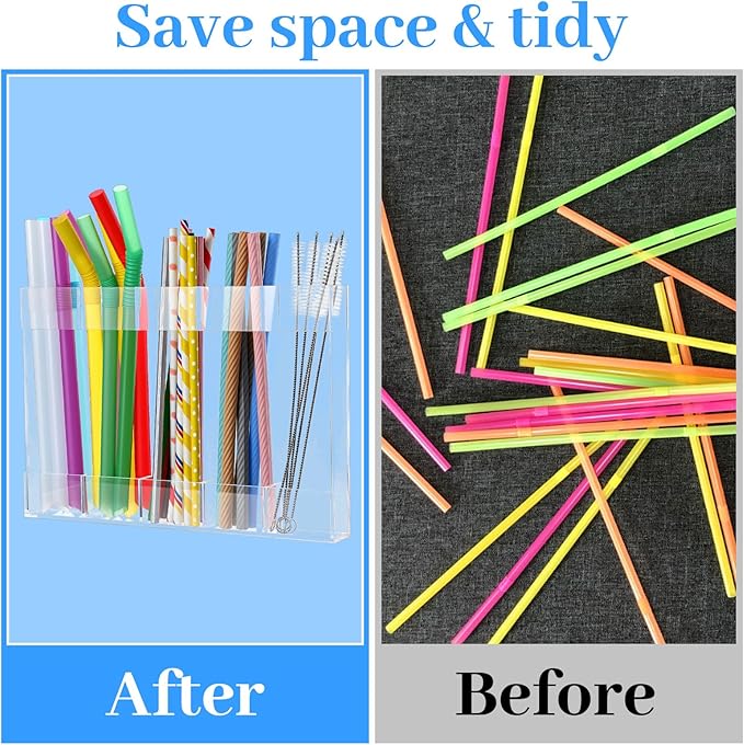 9.8" Large Acrylic Straw Holder for Cabinet Door with Ultra Sticky Double Sided Adhesive Tape, Reusable Straws Organizer, Transparent Storage Dispenser for Kitchen Counter Cupboard (2 Pcs)