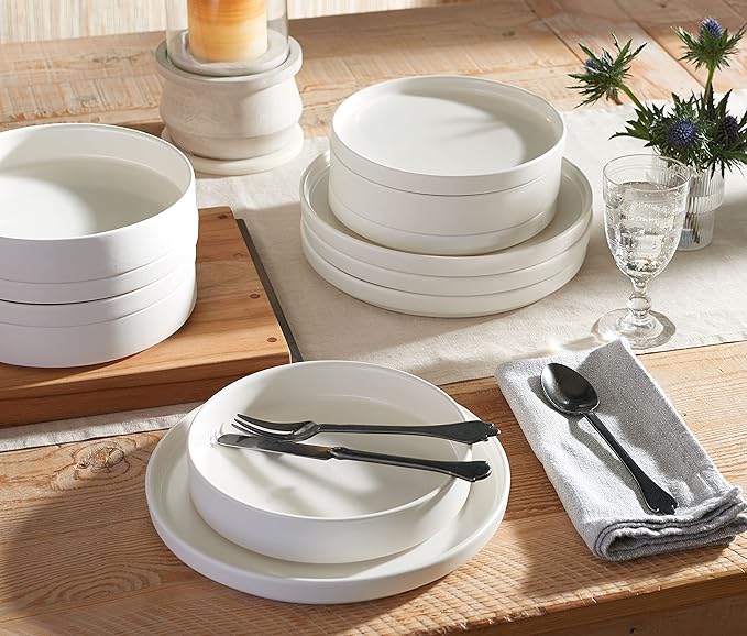 222 Fifth 12 Pieces Porcelain Dinnerware Set for 4, Elegant White Plates and Bowls Sets, Ceramic Dishes, Chip Resistant Kitchen and Dining Dish Set for Everyday Use, Microwave & Dishwasher Safe, Kaden
