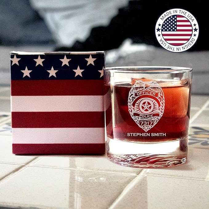 Personalized Police Officer Whiskey Glass, Custom Name & Number Old Fashioned Glass, 12oz Engraved American Flag Drinkware, Gift for Men Dad Retirement (Whiskey, 1-Police)